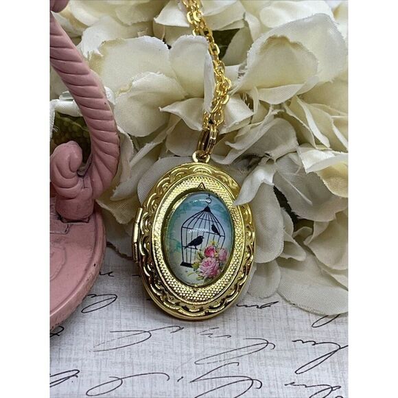 Bright Gold Bird Cage Victorian Locket Necklace Pendant Wedding Mother's day - Picture 7 of 15